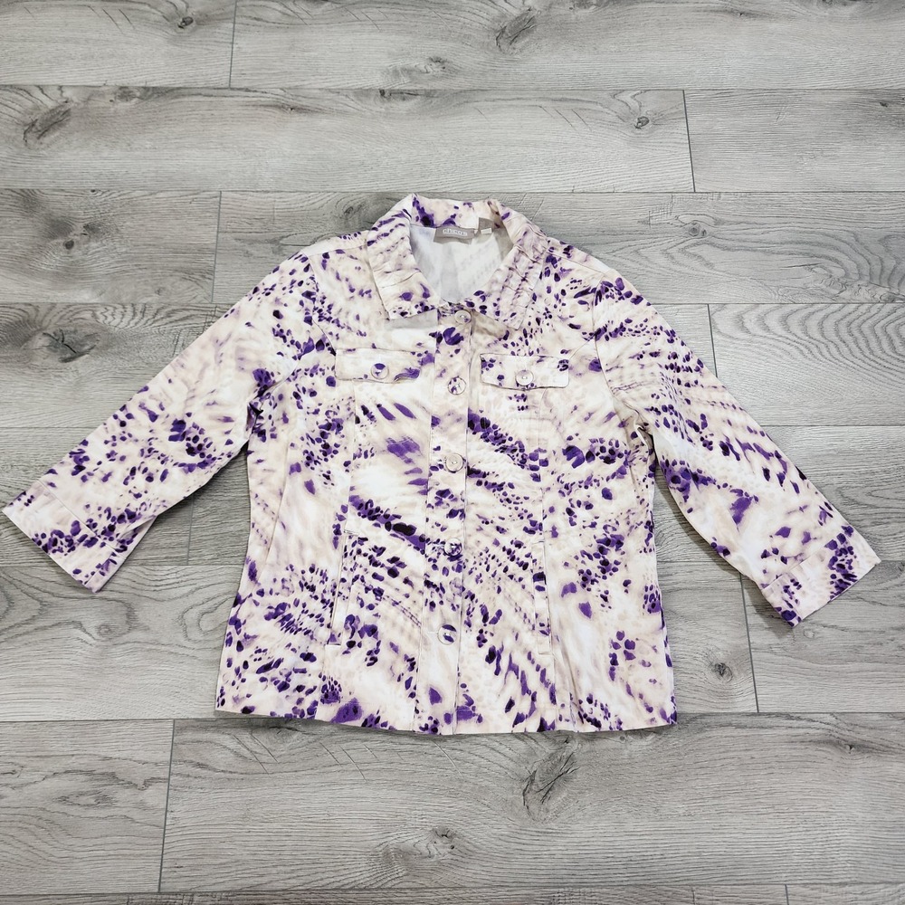 Chicos Women's Jacket Sz 1 Beige Purple Animal Print Button M Size‎ 8 - Picture 2 of 9
